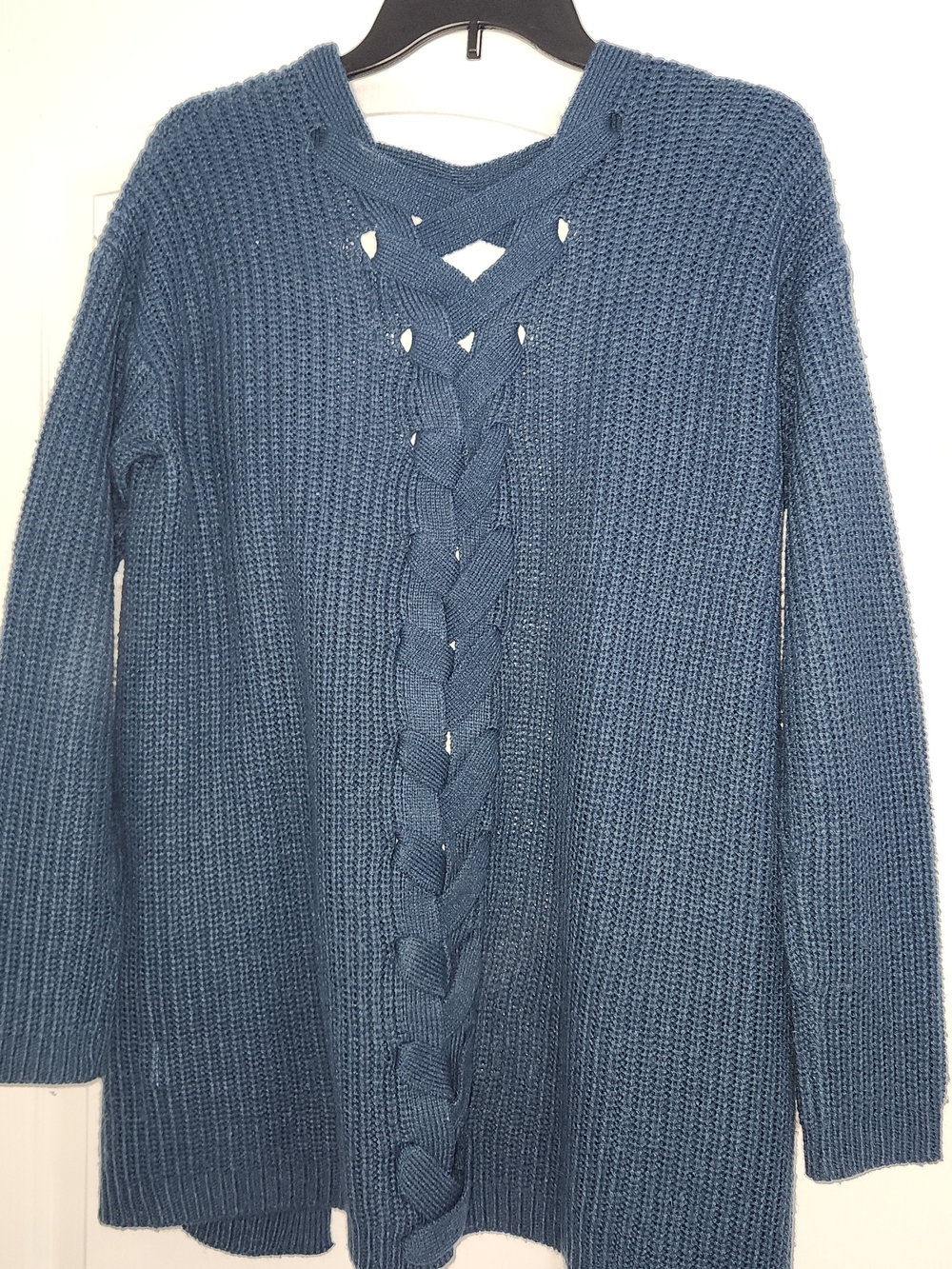 Derek Heart Blue Open-Front Cable-Back Cardigan - Picture 2 of 3